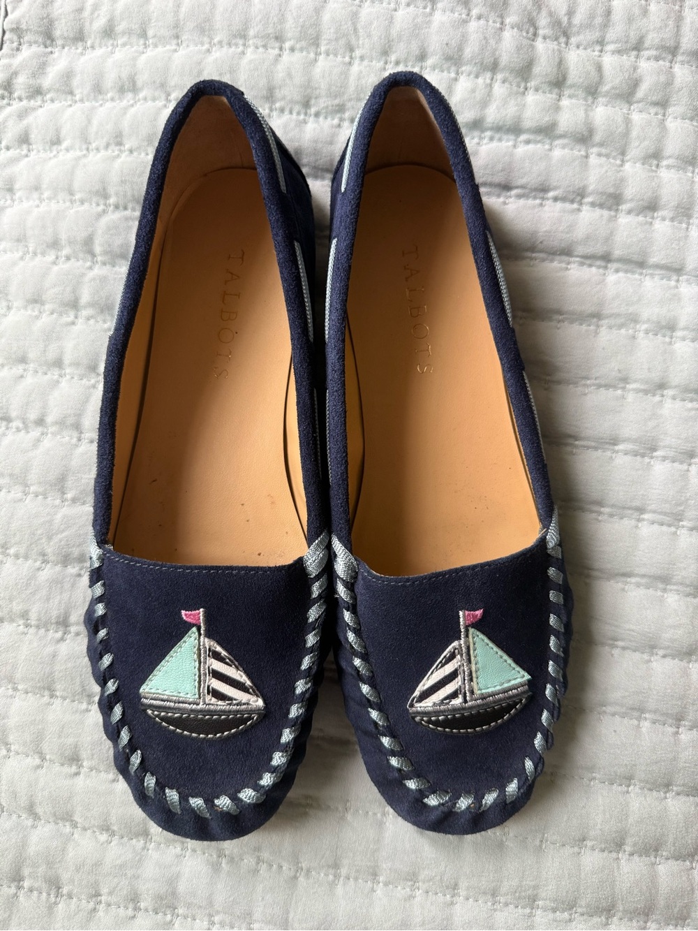 Talbots Navy Suede Moccasins with Sailboat Embroidery